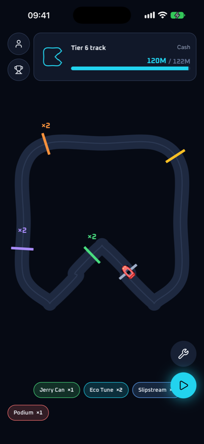 The track screen showing a car mid-run with fuel and speed gates placed around the circuit.